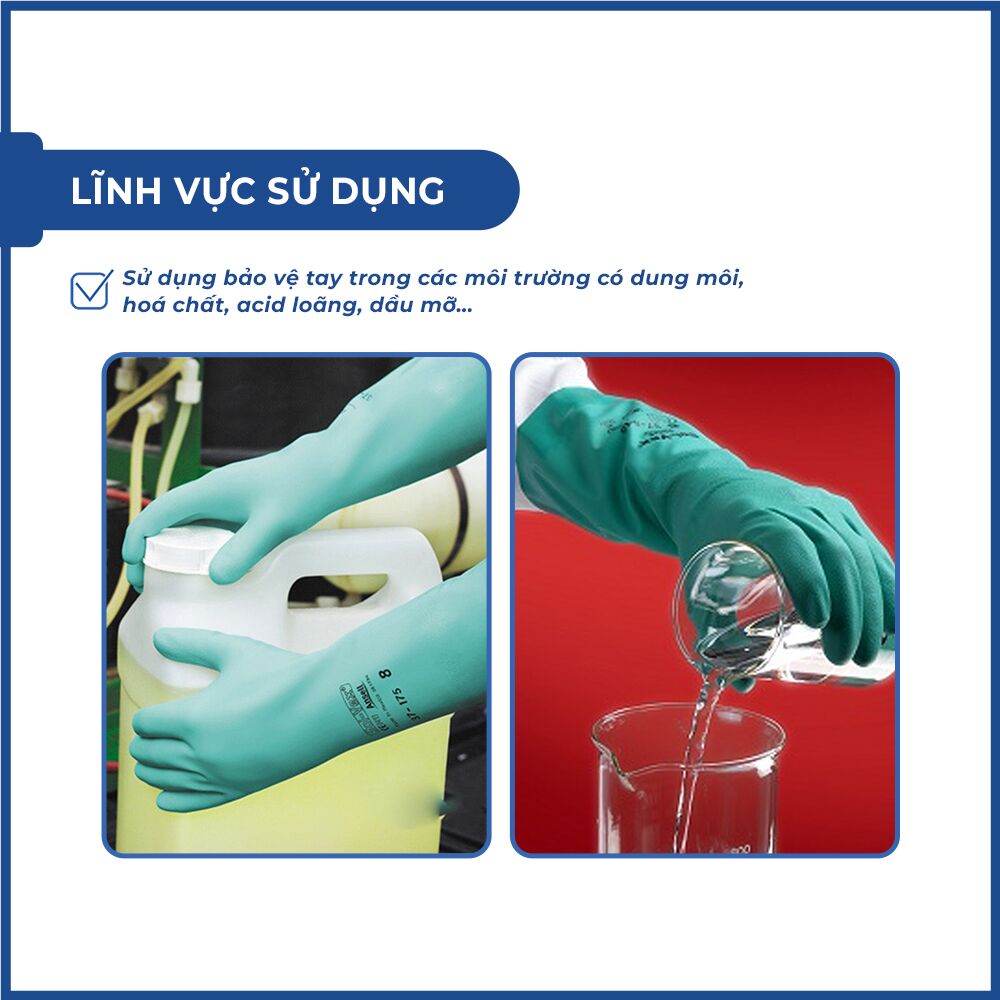 Găng cao su chống hoá chất Ansell 37-175 chất liệu nitrile chống hóa chất, tẩy rửa, chắc tay chống trơn trượt Găng cao su chống hoá chất Ansell 37-175 chất liệu nitrile chống hóa chất, tẩy rửa, chắc tay chống trơn trượt