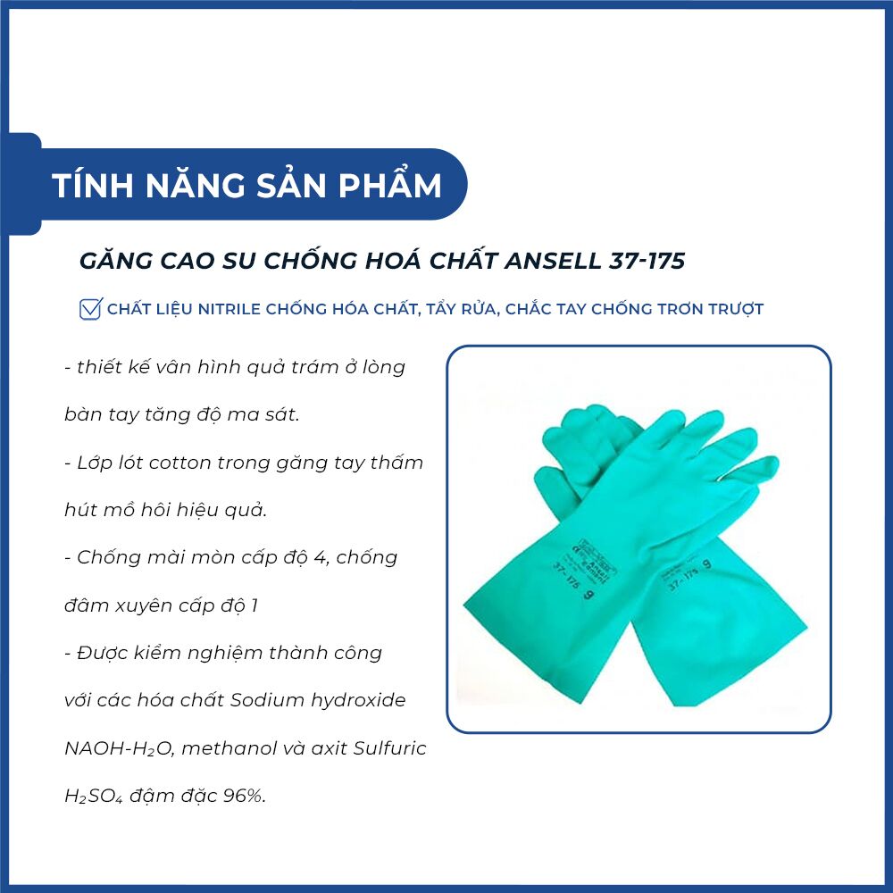 Găng cao su chống hoá chất Ansell 37-175 chất liệu nitrile chống hóa chất, tẩy rửa, chắc tay chống trơn trượt Găng cao su chống hoá chất Ansell 37-175 chất liệu nitrile chống hóa chất, tẩy rửa, chắc tay chống trơn trượt