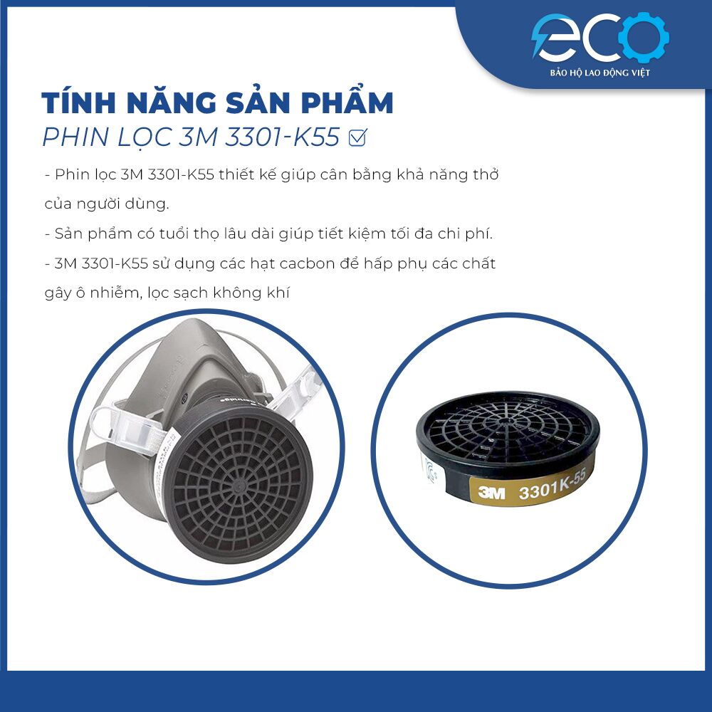 Phin lọc 3M 3301-K55 – Lọc hơi hữu cơ, bụi bẩn, hóa chất Phin lọc 3M 3301-K55 – Lọc hơi hữu cơ, bụi bẩn, hóa chất