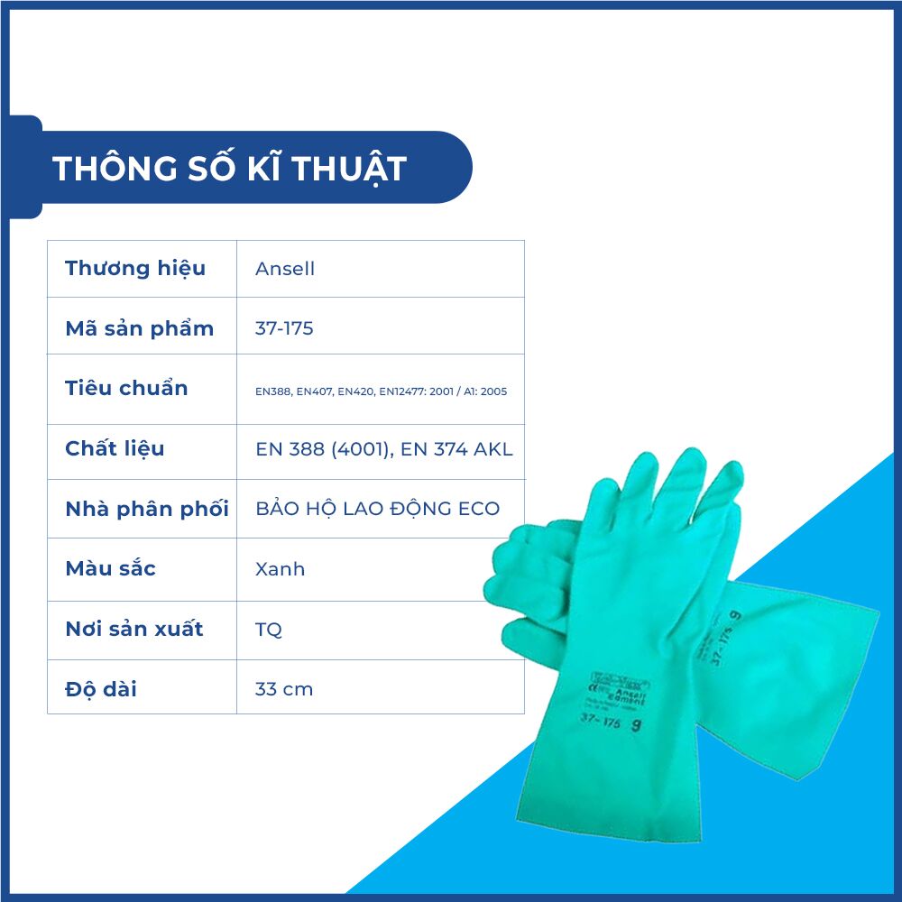 Găng cao su chống hoá chất Ansell 37-175 chất liệu nitrile chống hóa chất, tẩy rửa, chắc tay chống trơn trượt Găng cao su chống hoá chất Ansell 37-175 chất liệu nitrile chống hóa chất, tẩy rửa, chắc tay chống trơn trượt