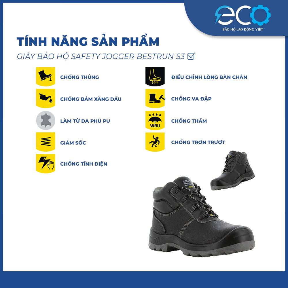 Giày bảo hộ Safety Jogger Bestrun S3 cổ cao - chống đinh, chống trơn trượt, chống dầu, chống va đập Giày bảo hộ Safety Jogger Bestrun S3 cổ cao - chống đinh, chống trơn trượt, chống dầu, chống va đập